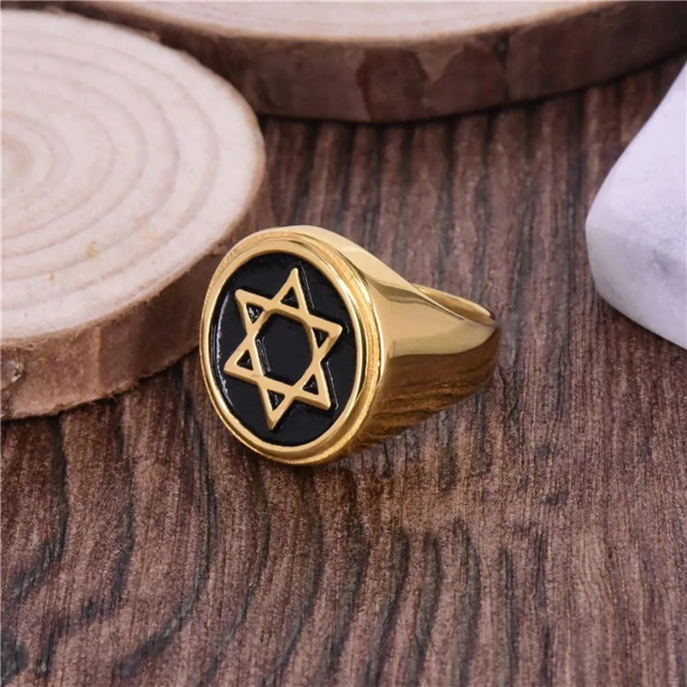 Hexagram Six-Pointed Jewish Star of David Inlay Wedding Band Rings for Men, Gold Tone