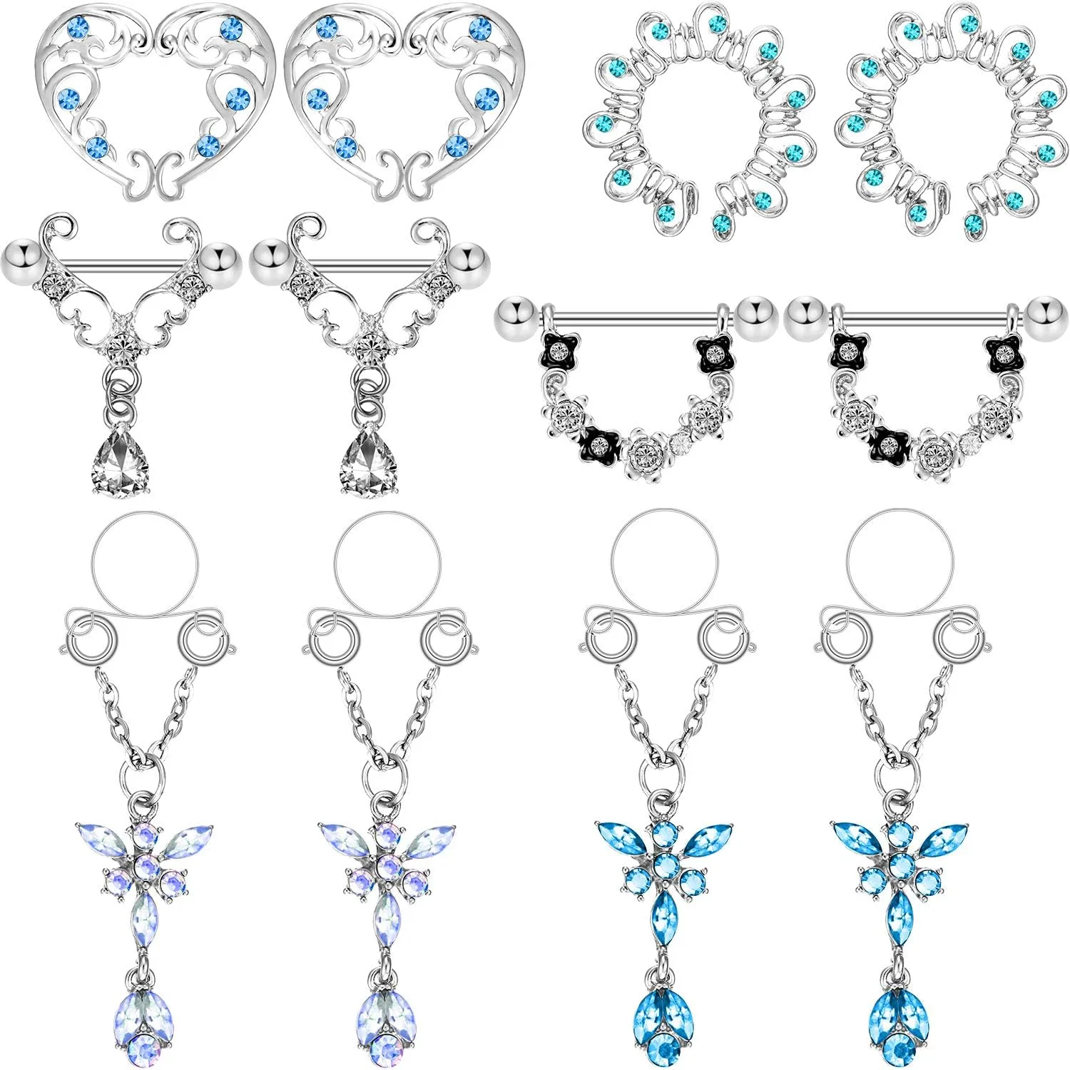 Hicarer 12 Pieces Fake Breast Ring Stainless Steel Dangle Include 8pcs Non-Piercing Breast Rings and 4pcs Faux Piercing Breast Rings for Women Piercing Jewelry