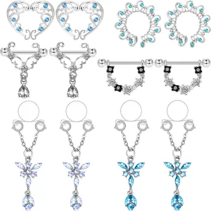 Hicarer 12 Pieces Fake Breast Ring Stainless Steel Dangle Include 8pcs Non-Piercing Breast Rings and 4pcs Faux Piercing Breast Rings for Women Piercing Jewelry