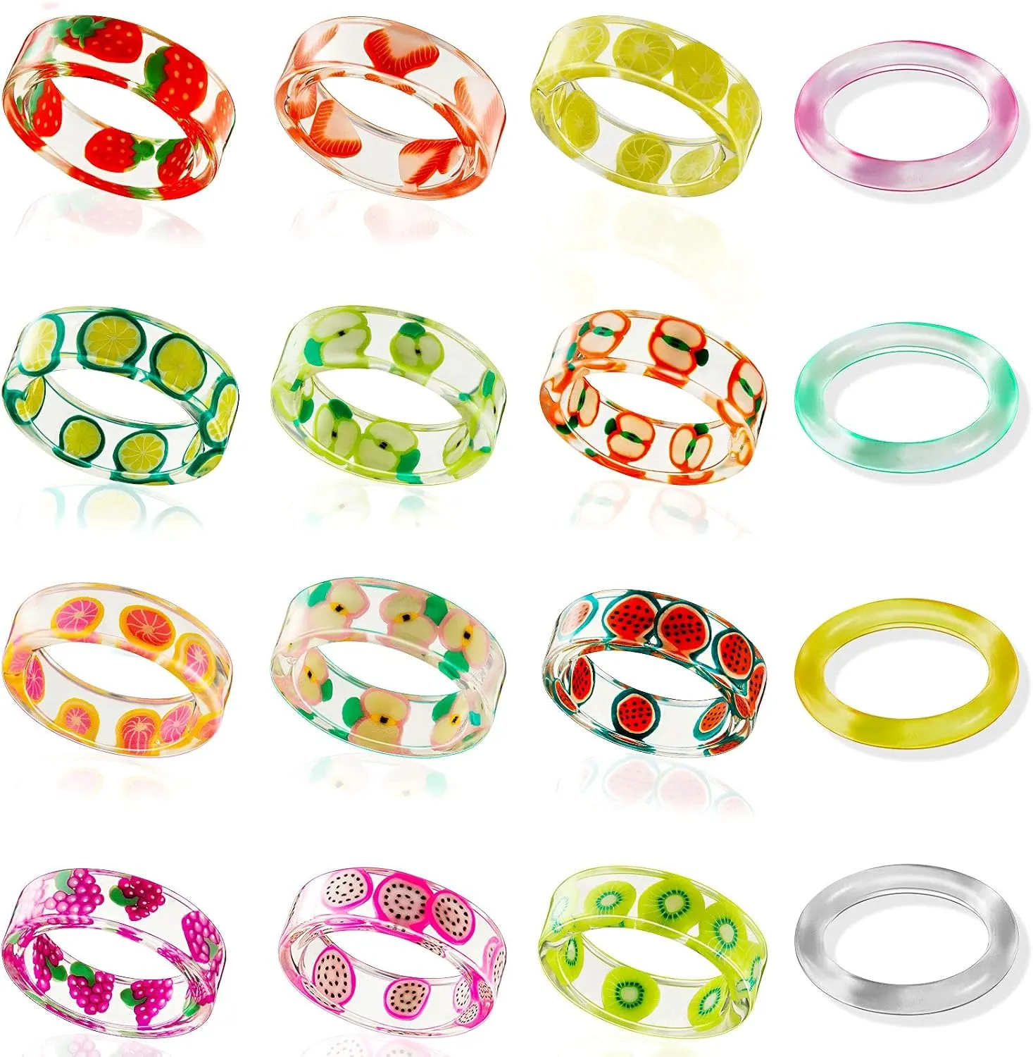 Hicarer 16 Pieces Resin Fruit Transparent Rings Set Cute Acrylic Indie Rings Ring Aesthetic Summer Knuckle Colorful Finger Retro Plastic Jewelry for Women