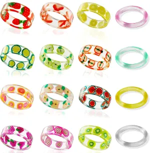 Hicarer 16 Pieces Resin Fruit Transparent Rings Set Cute Acrylic Indie Rings Ring Aesthetic Summer Knuckle Colorful Finger Retro Plastic Jewelry for Women