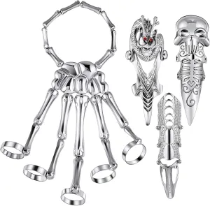 Hicarer 4-Piece Halloween Punk Skull Fingers Hand Bracelet Skeleton Joint Knuckle Full Finger Ring