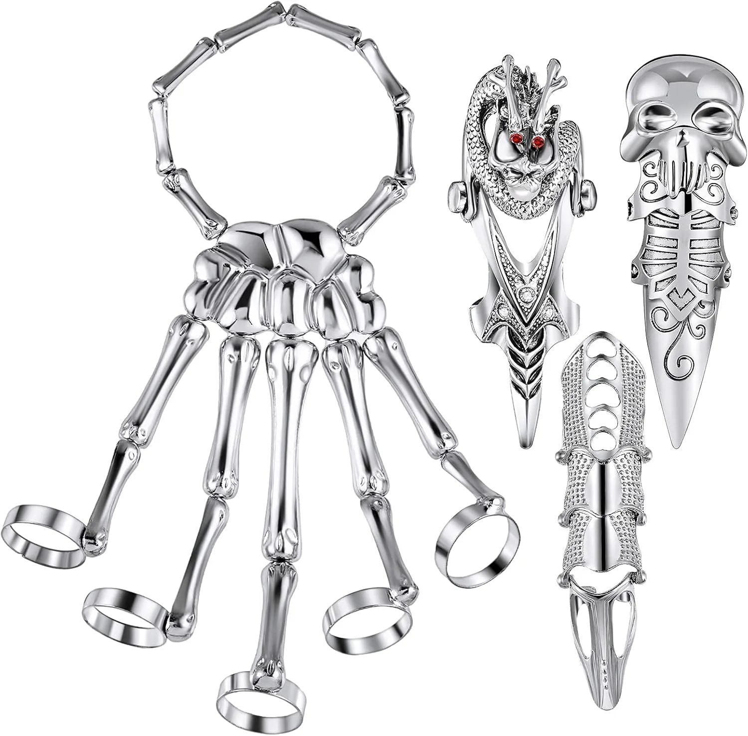 Hicarer 4-Piece Halloween Punk Skull Fingers Hand Bracelet Skeleton Joint Knuckle Full Finger Ring