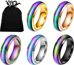 Hicarer 5 Pieces Stainless Steel Temperature Changing Color Mood Rings Unisex Sensitive Emotion Ring Wedding Men Women