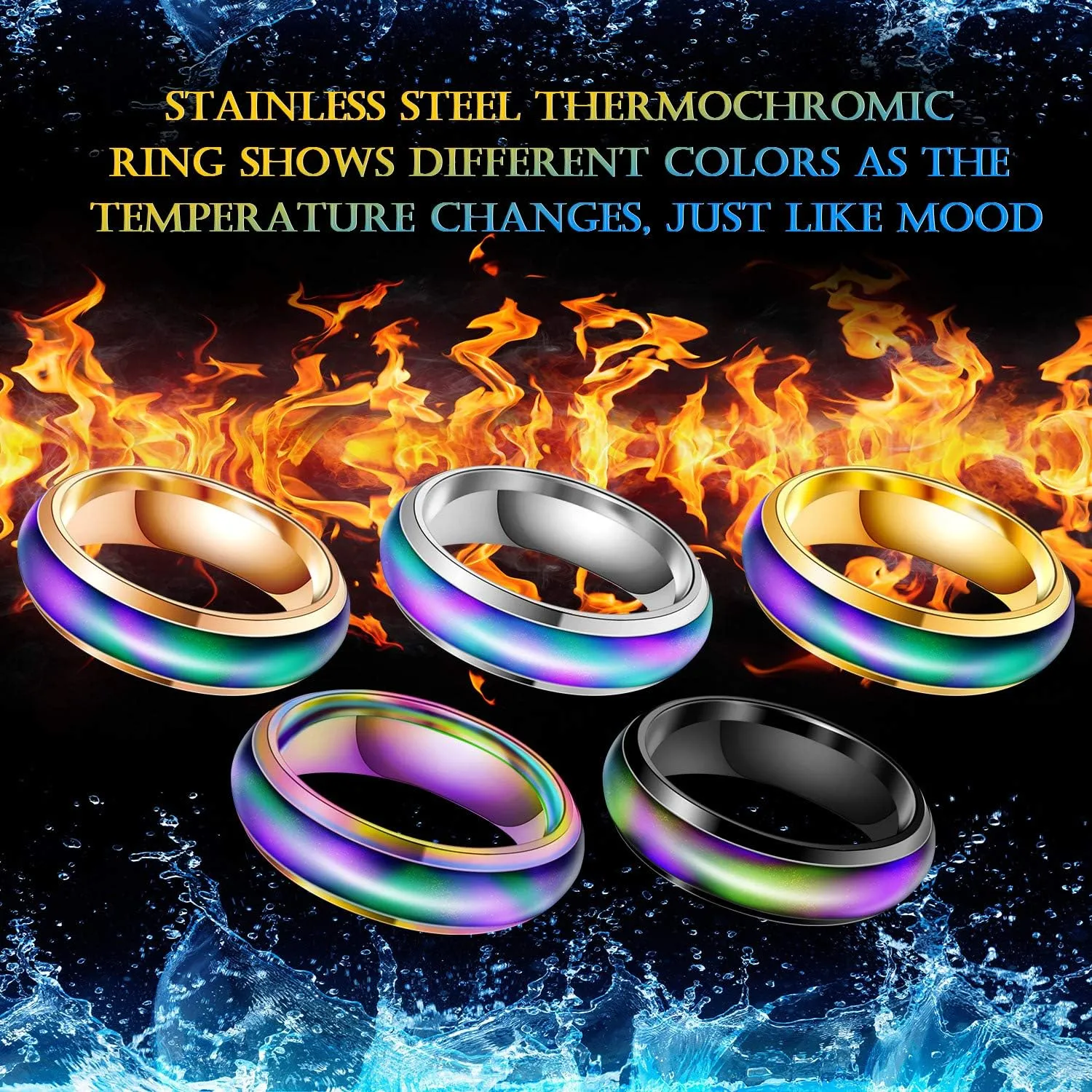 Hicarer 5 Pieces Stainless Steel Temperature Changing Color Mood Rings Unisex Sensitive Emotion Ring Wedding Men Women