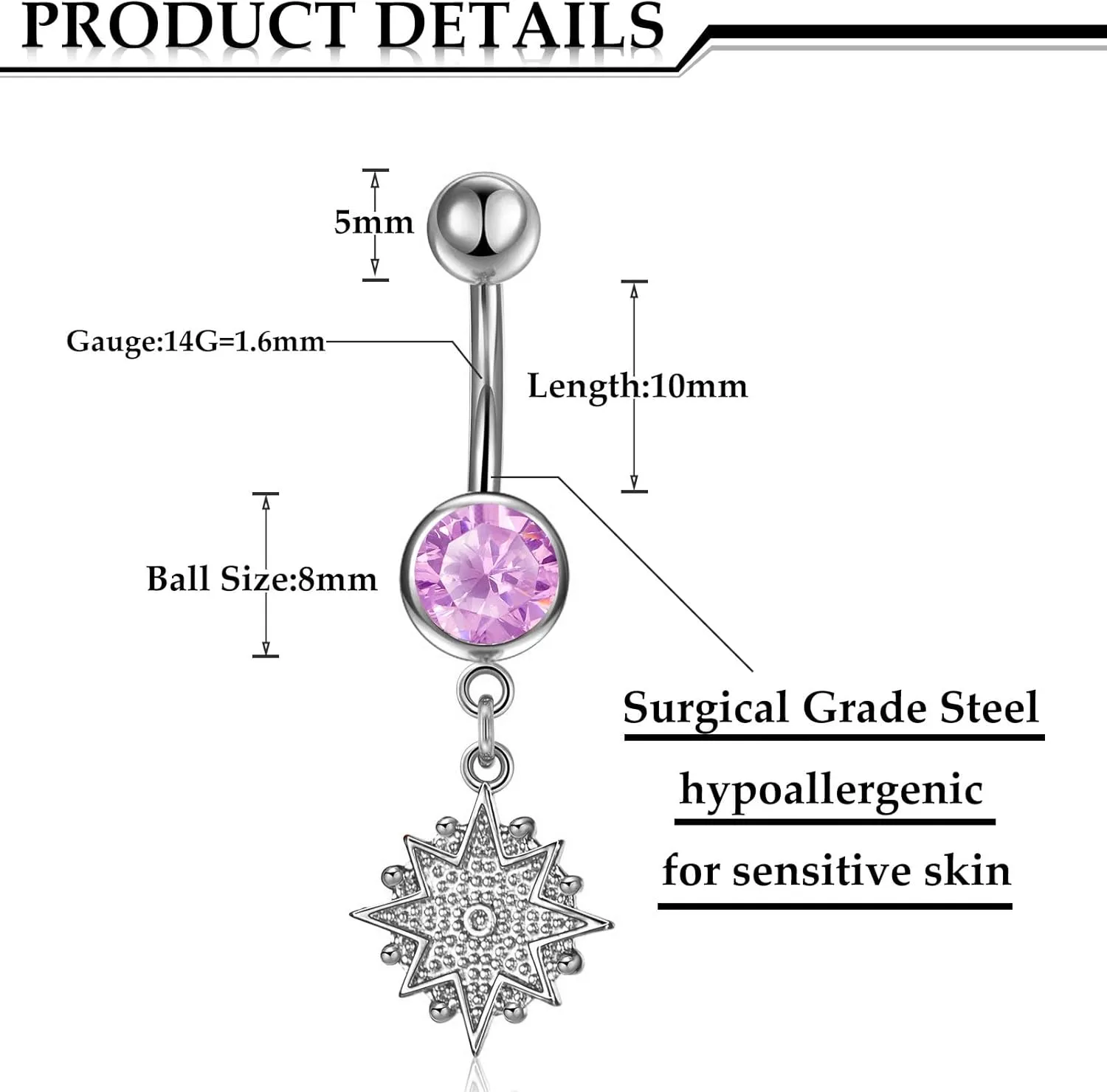 Hicarer 8 Pieces 14G Belly Button Rings Steel Long Dangle Navel Ring CZ Body Piercing Jewelry