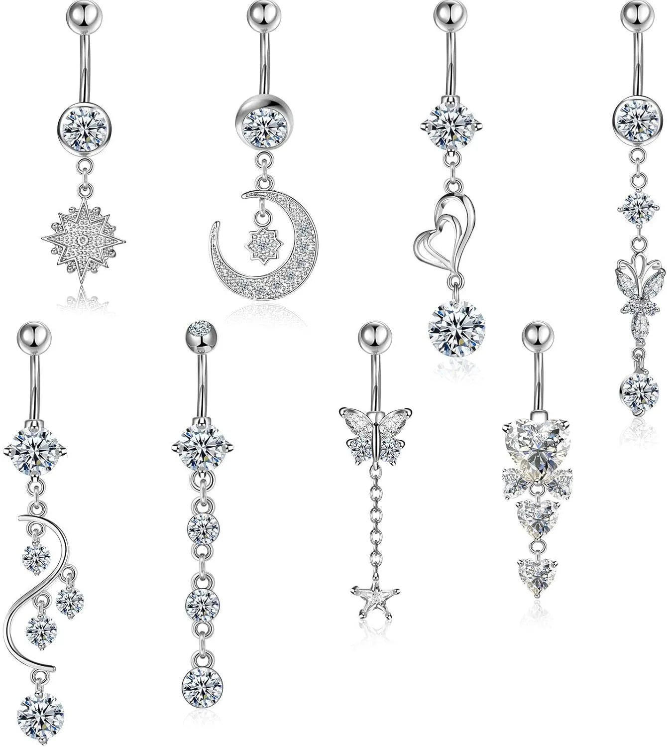 Hicarer 8 Pieces 14G Belly Button Rings Steel Long Dangle Navel Ring CZ Body Piercing Jewelry