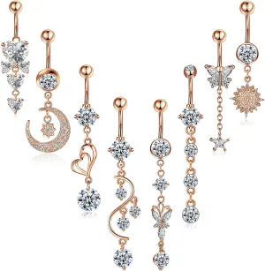 Hicarer 8 Pieces 14G Belly Button Rings Steel Long Dangle Navel Ring CZ Body Piercing Jewelry