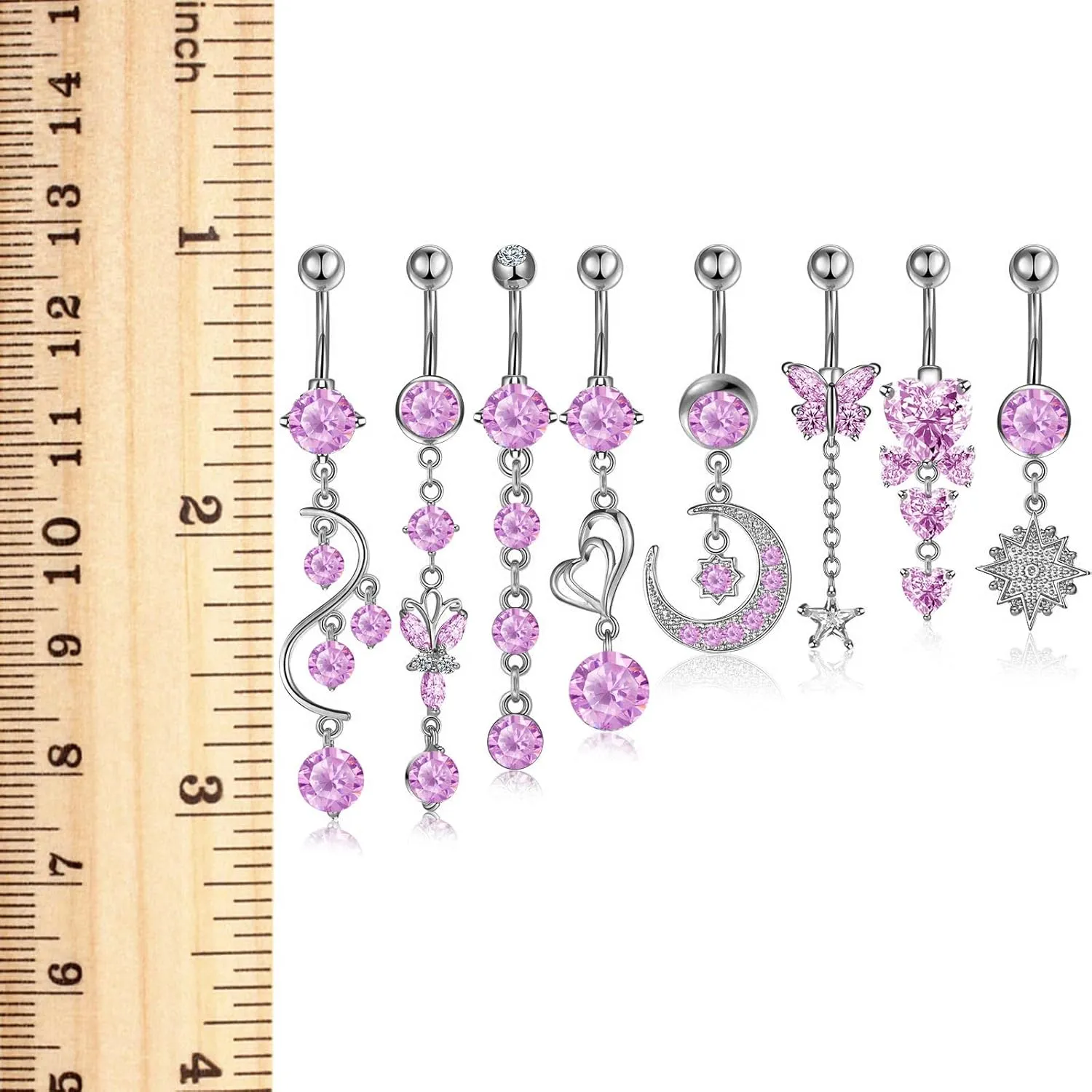 Hicarer 8 Pieces 14G Belly Button Rings Steel Long Dangle Navel Ring CZ Body Piercing Jewelry