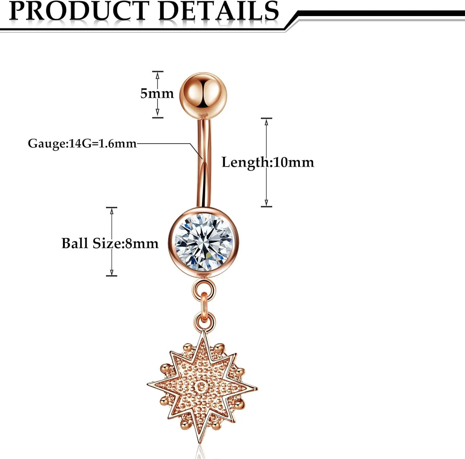 Hicarer 8 Pieces 14G Belly Button Rings Steel Long Dangle Navel Ring CZ Body Piercing Jewelry