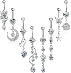Hicarer 8 Pieces 14G Belly Button Rings Steel Long Dangle Navel Ring CZ Body Piercing Jewelry