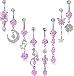 Hicarer 8 Pieces 14G Belly Button Rings Steel Long Dangle Navel Ring CZ Body Piercing Jewelry