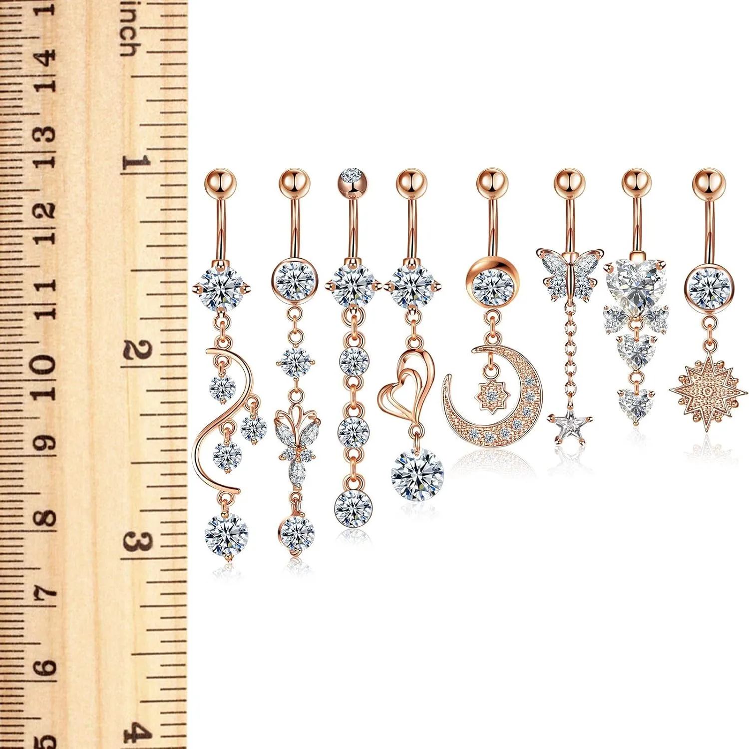 Hicarer 8 Pieces 14G Belly Button Rings Steel Long Dangle Navel Ring CZ Body Piercing Jewelry