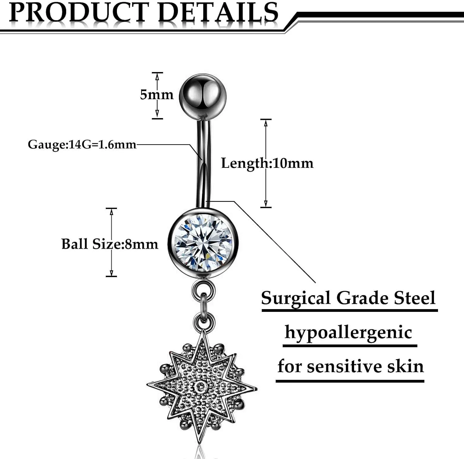 Hicarer 8 Pieces 14G Belly Button Rings Steel Long Dangle Navel Ring CZ Body Piercing Jewelry