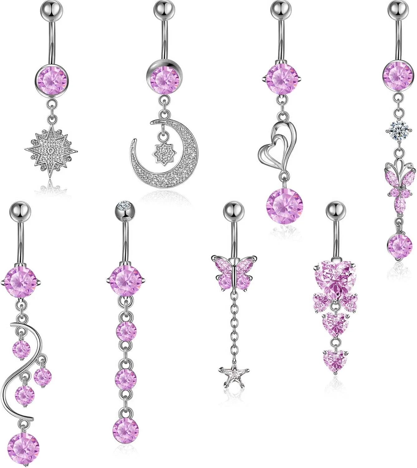 Hicarer 8 Pieces 14G Belly Button Rings Steel Long Dangle Navel Ring CZ Body Piercing Jewelry