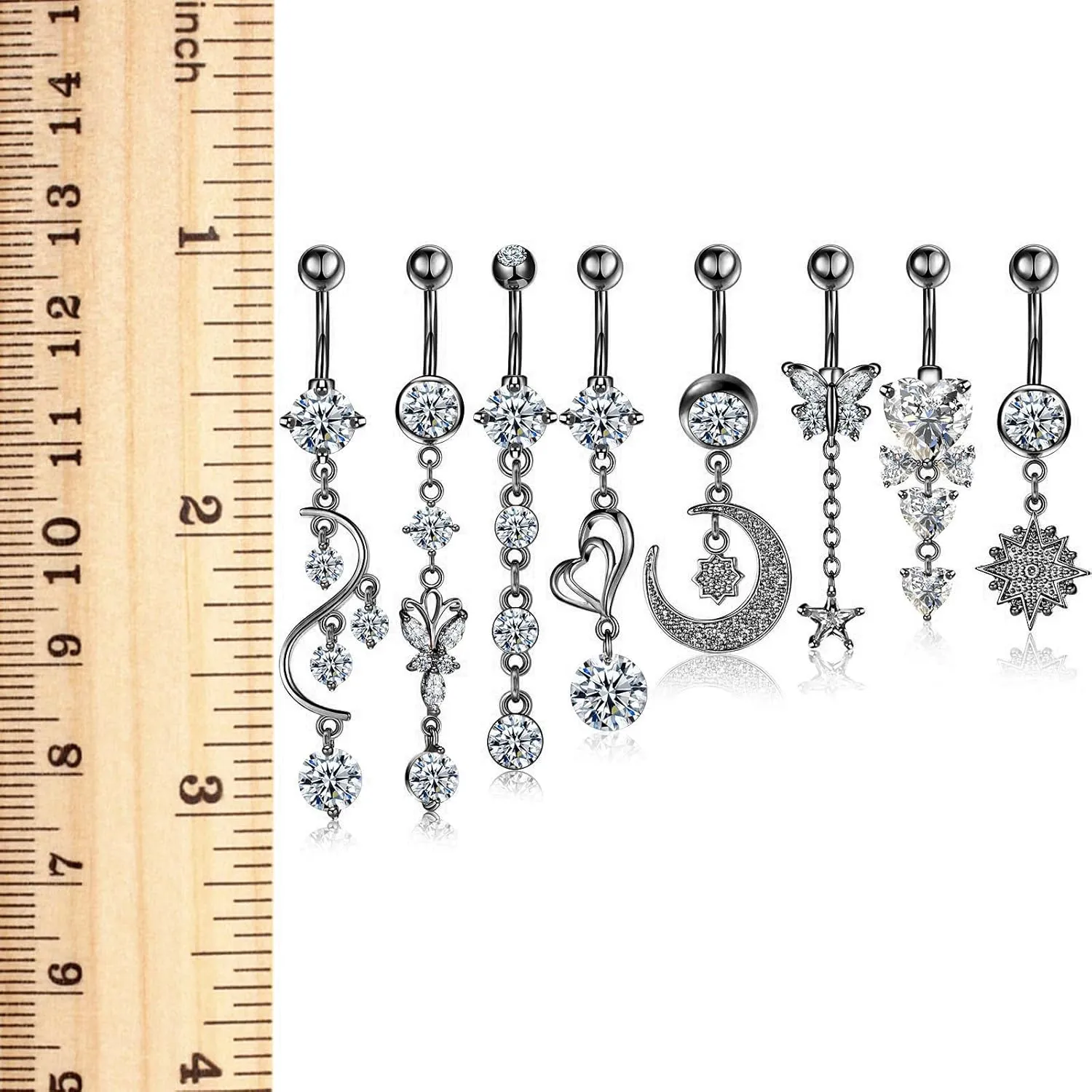 Hicarer 8 Pieces 14G Belly Button Rings Steel Long Dangle Navel Ring CZ Body Piercing Jewelry