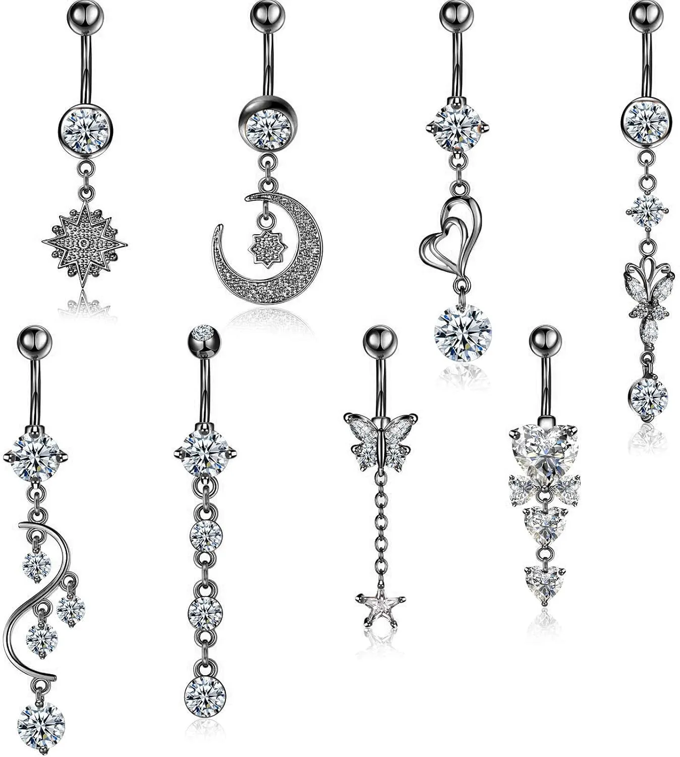Hicarer 8 Pieces 14G Belly Button Rings Steel Long Dangle Navel Ring CZ Body Piercing Jewelry