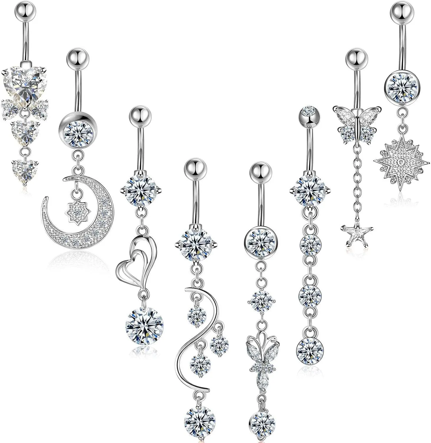 Hicarer 8 Pieces 14G Belly Button Rings Steel Long Dangle Navel Ring CZ Body Piercing Jewelry