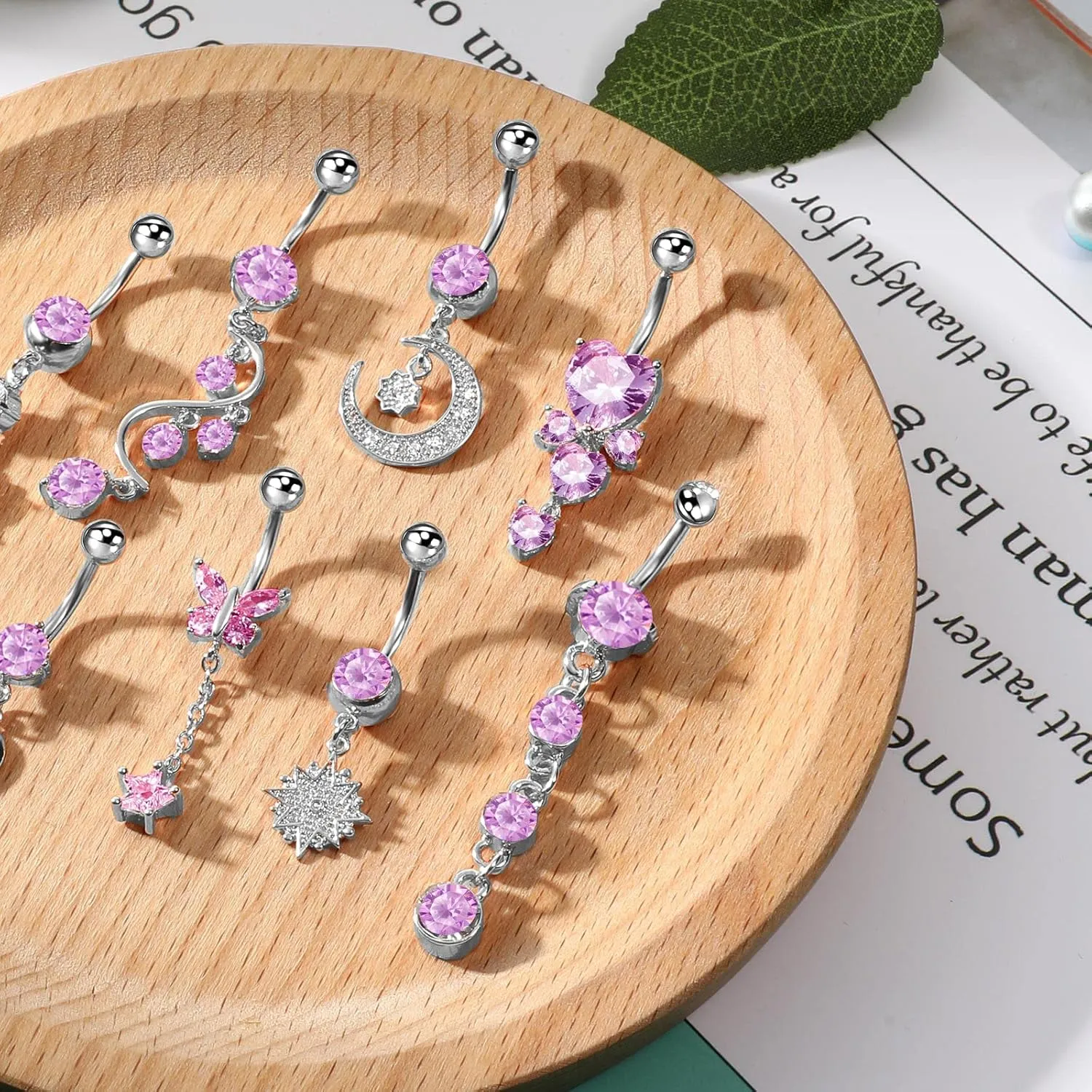 Hicarer 8 Pieces 14G Belly Button Rings Steel Long Dangle Navel Ring CZ Body Piercing Jewelry