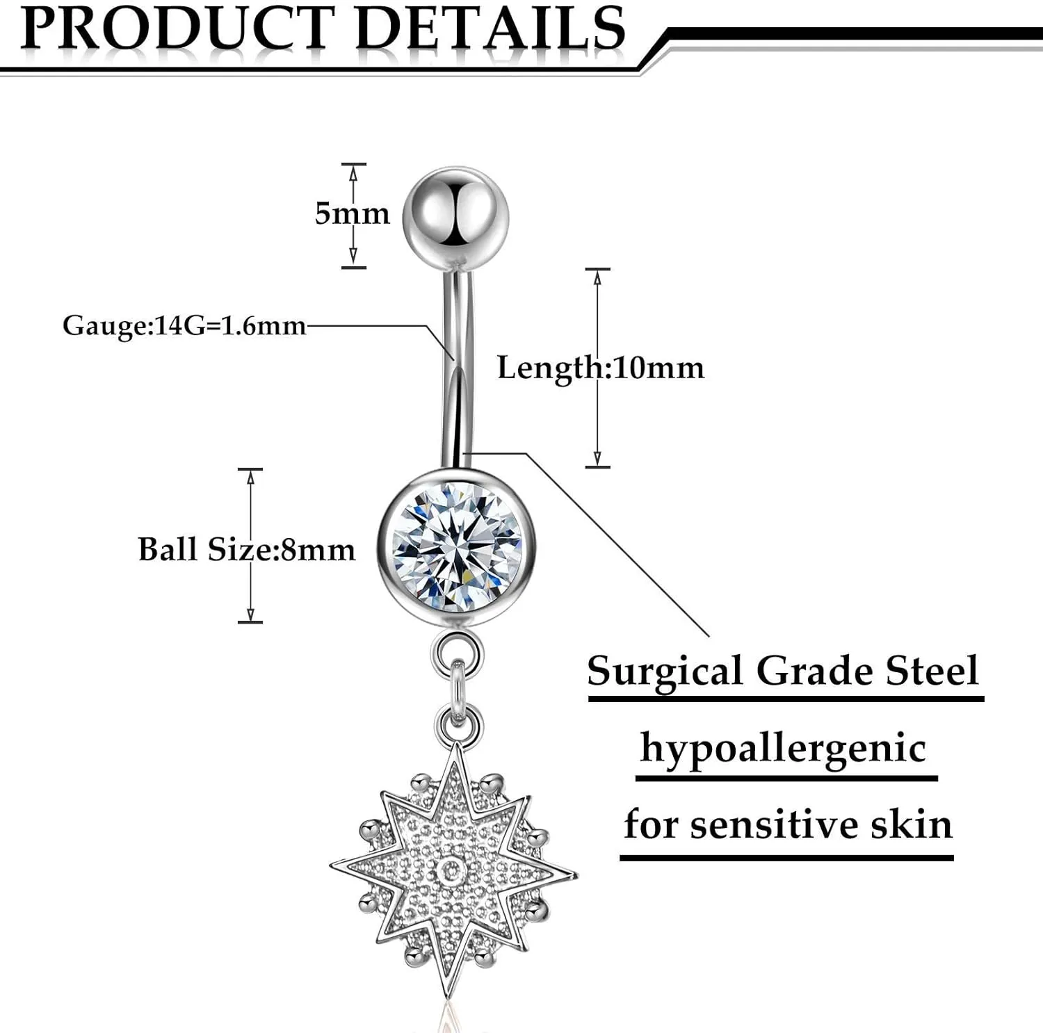 Hicarer 8 Pieces 14G Belly Button Rings Steel Long Dangle Navel Ring CZ Body Piercing Jewelry