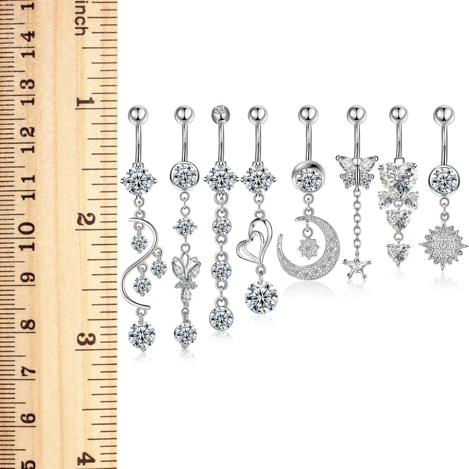 Hicarer 8 Pieces 14G Belly Button Rings Steel Long Dangle Navel Ring CZ Body Piercing Jewelry