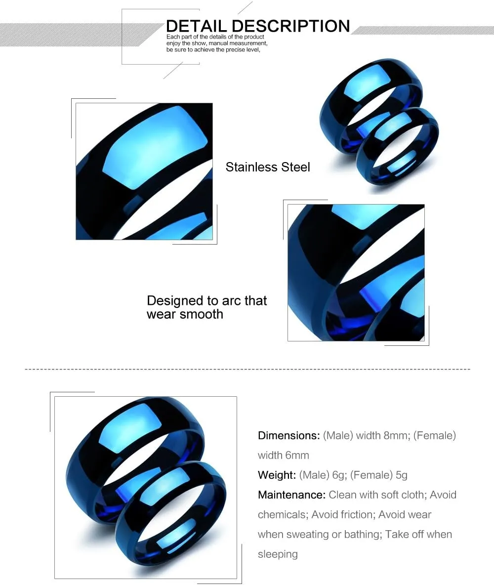 His and Hers Matching Rings for Couples Stainless Steel Pure Black Blue Wedding Bands Sets for Him and Her