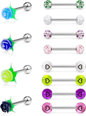 Hoeudjo 12Pcs 14G Tongue Rings Surgical Steel Soft Silicone Nipple Straight Barbells Bar Flower Heart Piercing Jewelry for Women Men 16mm (5/8 Inch)