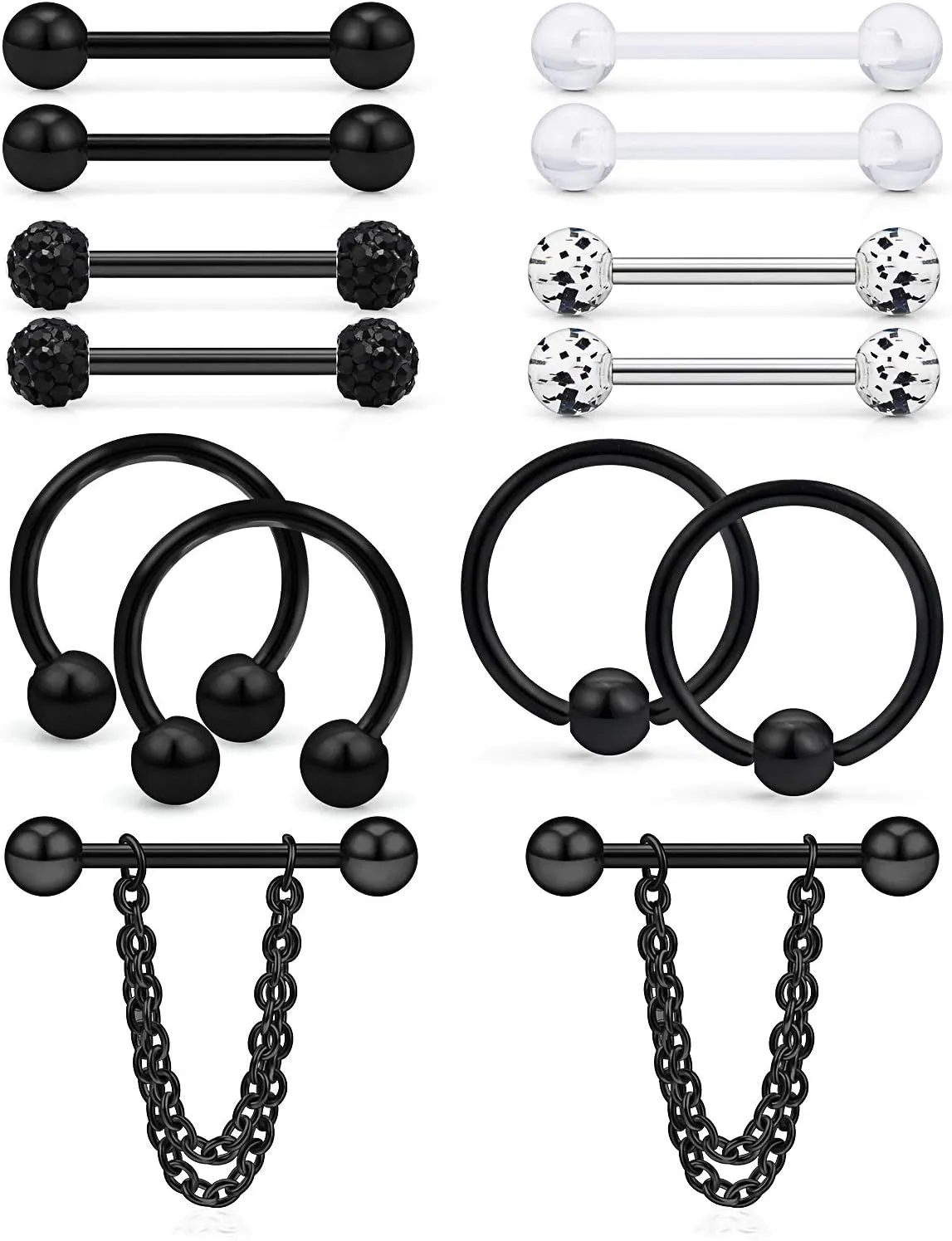 Hoeudjo 14Pcs 14G Surgical Steel Chain Dangle Nipple Rings Barbell Piercing Jewelry Retainer for Women