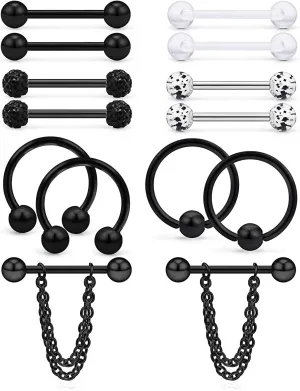 Hoeudjo 14Pcs 14G Surgical Steel Chain Dangle Nipple Rings Barbell Piercing Jewelry Retainer for Women