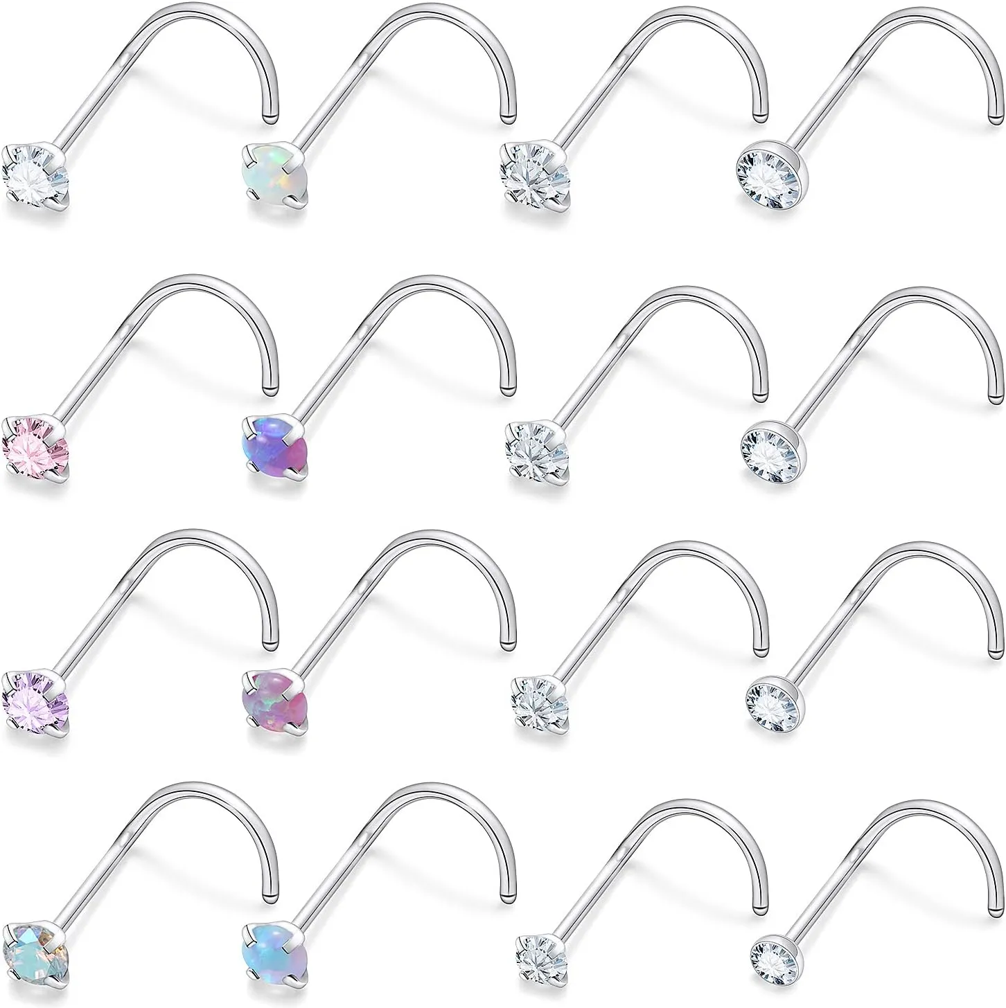 Hoeudjo 20G 18G Opal Nose Rings Studs Surgical Steel Nose Studs Round CZ Inlaid Nose Piercing Jewelry for Women Men 16 Pieces