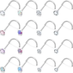 Hoeudjo 20G 18G Opal Nose Rings Studs Surgical Steel Nose Studs Round CZ Inlaid Nose Piercing Jewelry for Women Men 16 Pieces
