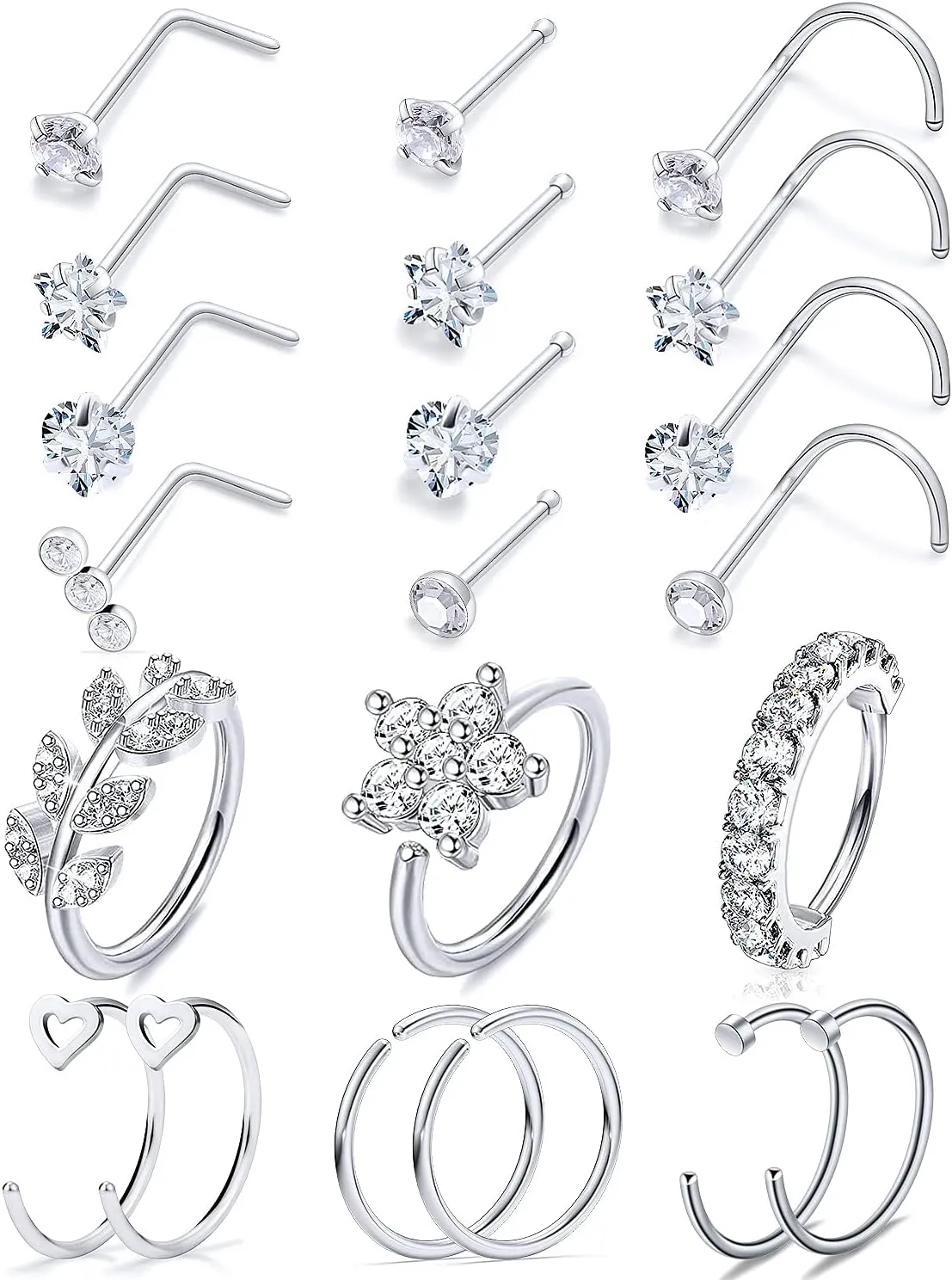 Hoeudjo 20G Nose Rings - Surgical Steel Nose Piercing Jewelry Hoop & Studs for Women & Men