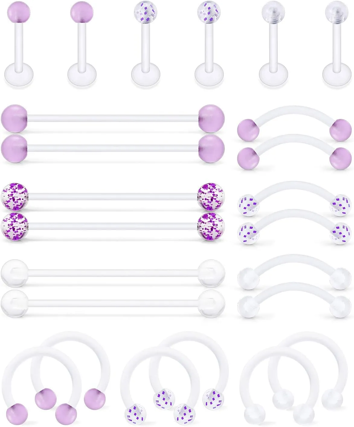 Hoeudjo Clear Cartilage Earring 16G 14G Piercing Retainers 24Pcs Flexible Acrylic Helix Hoop Bioflex Nose Lip Stud Eyebrow Tragus Septum Horseshoe Rings Body Jewelry for Work