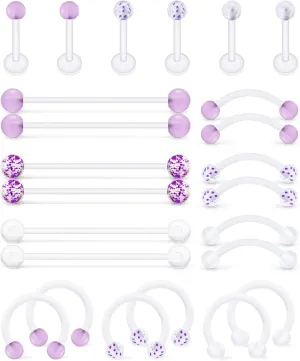 Hoeudjo Clear Cartilage Earring 16G 14G Piercing Retainers 24Pcs Flexible Acrylic Helix Hoop Bioflex Nose Lip Stud Eyebrow Tragus Septum Horseshoe Rings Body Jewelry for Work