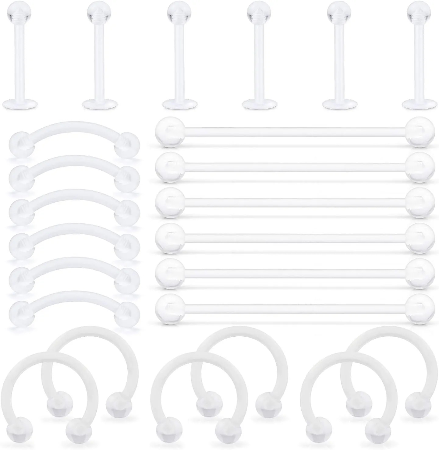 Hoeudjo Clear Cartilage Earring 16G 14G Piercing Retainers 24Pcs Flexible Acrylic Helix Hoop Bioflex Nose Lip Stud Eyebrow Tragus Septum Horseshoe Rings Body Jewelry for Work