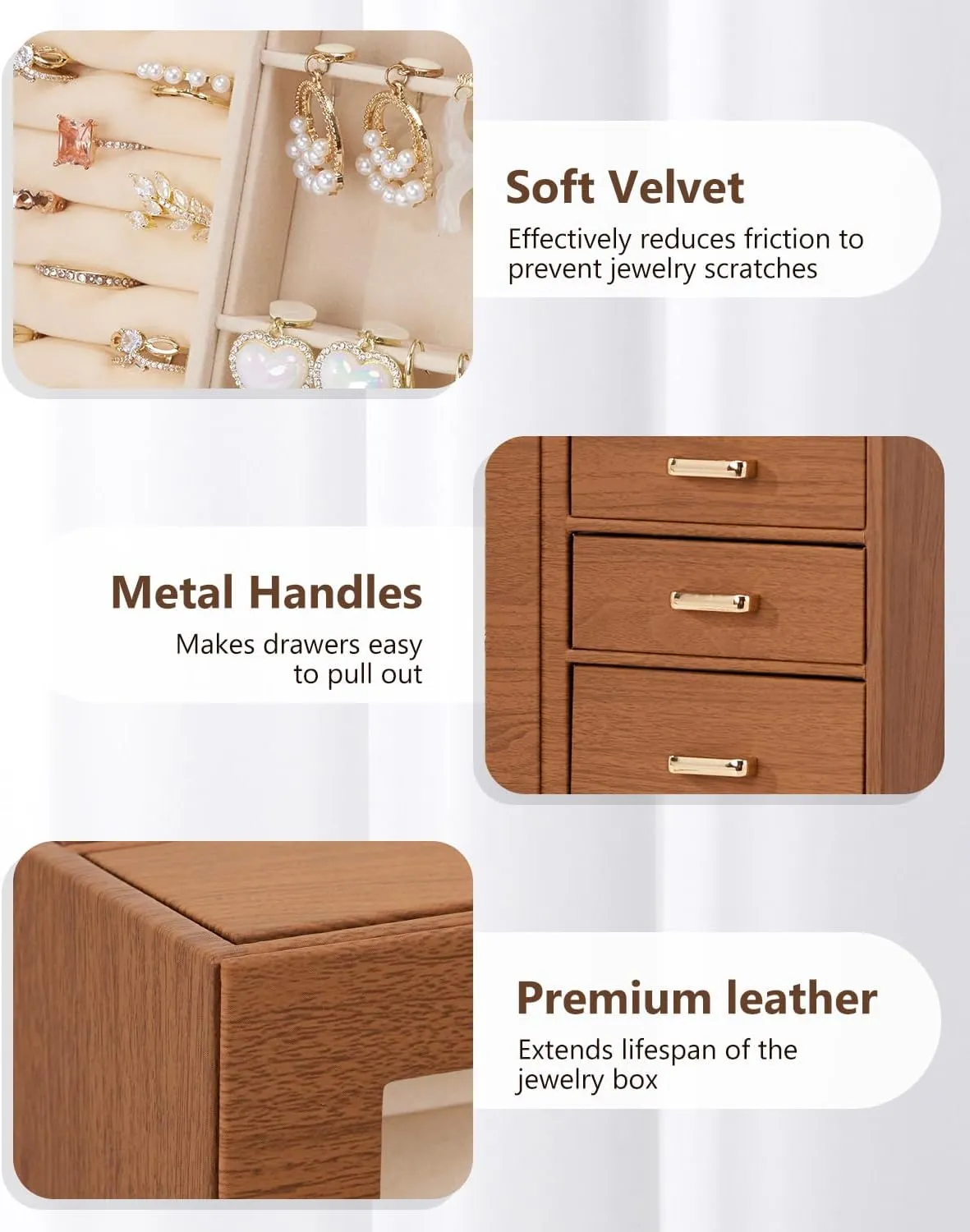 Homde Large Jewelry Box/Organizer/Case with Glass Window, Drawers for Necklaces Earrings Rings Bracelets Watches Gift for Women Girls