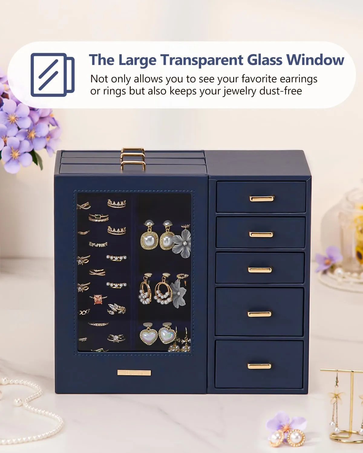 Homde Large Jewelry Box/Organizer/Case with Glass Window, Drawers for Necklaces Earrings Rings Bracelets Watches Gift for Women Girls