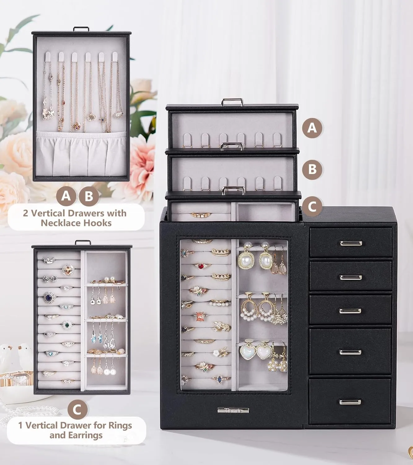Homde Large Jewelry Box/Organizer/Case with Glass Window, Drawers for Necklaces Earrings Rings Bracelets Watches Gift for Women Girls