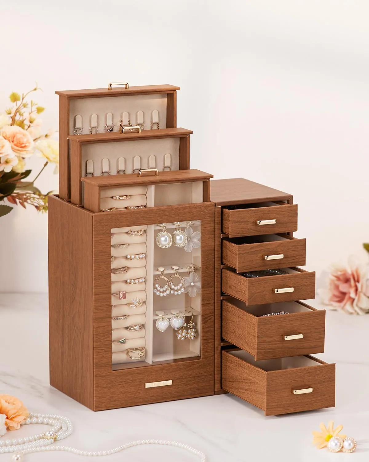Homde Large Jewelry Box/Organizer/Case with Glass Window, Drawers for Necklaces Earrings Rings Bracelets Watches Gift for Women Girls