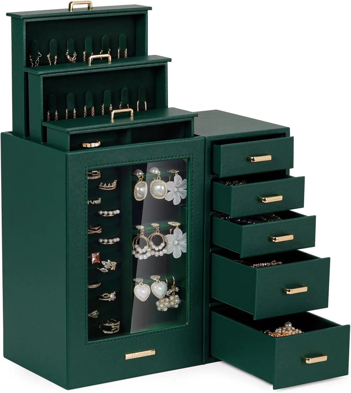 Homde Large Jewelry Box/Organizer/Case with Glass Window, Drawers for Necklaces Earrings Rings Bracelets Watches Gift for Women Girls