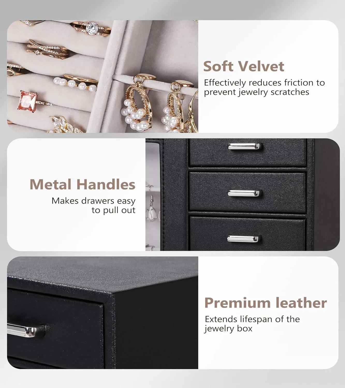 Homde Large Jewelry Box/Organizer/Case with Glass Window, Drawers for Necklaces Earrings Rings Bracelets Watches Gift for Women Girls