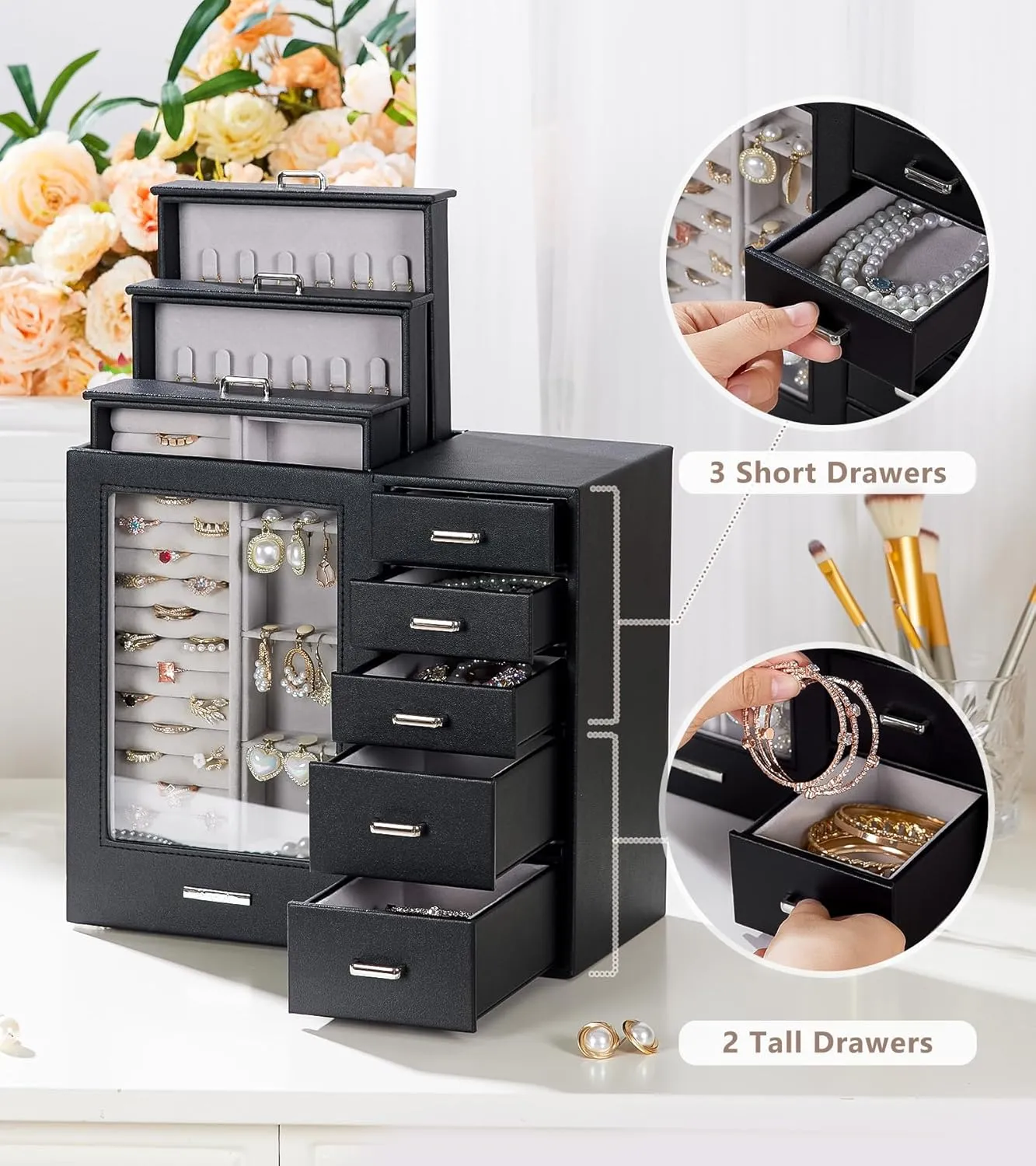 Homde Large Jewelry Box/Organizer/Case with Glass Window, Drawers for Necklaces Earrings Rings Bracelets Watches Gift for Women Girls