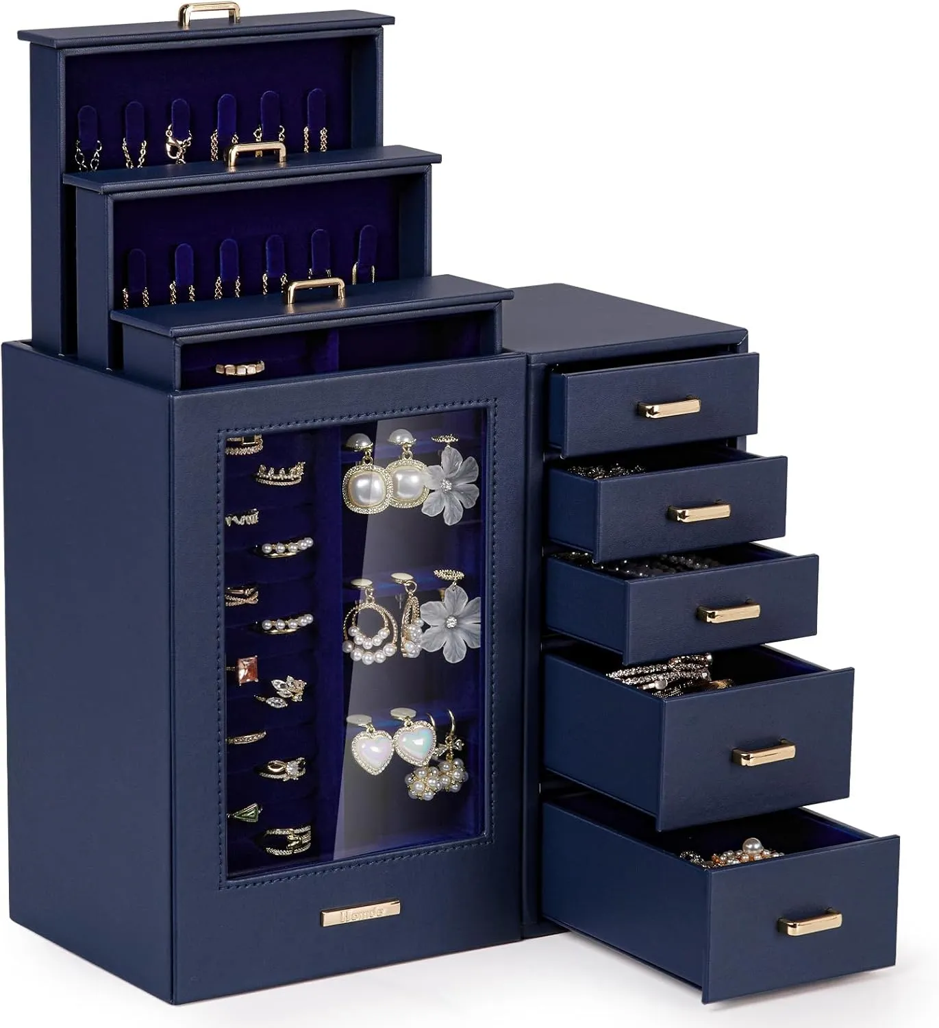 Homde Large Jewelry Box/Organizer/Case with Glass Window, Drawers for Necklaces Earrings Rings Bracelets Watches Gift for Women Girls