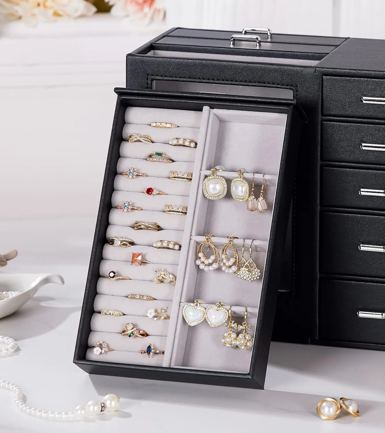 Homde Large Jewelry Box/Organizer/Case with Glass Window, Drawers for Necklaces Earrings Rings Bracelets Watches Gift for Women Girls