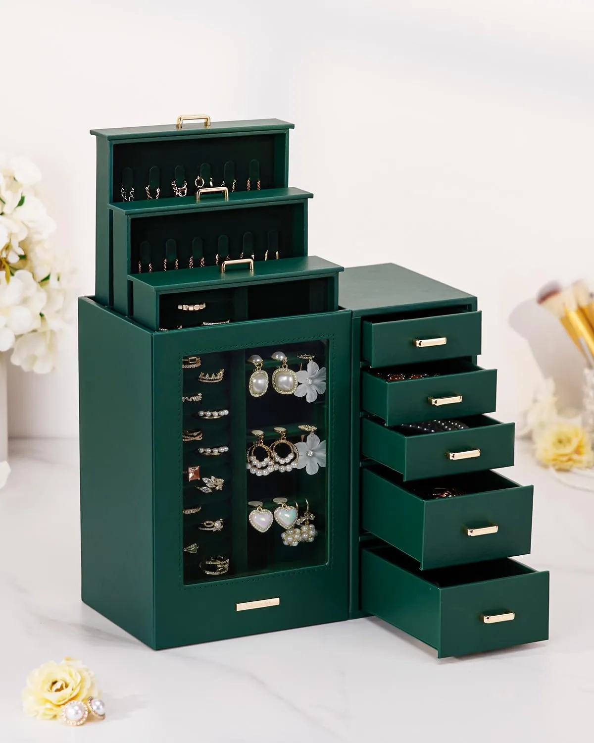 Homde Large Jewelry Box/Organizer/Case with Glass Window, Drawers for Necklaces Earrings Rings Bracelets Watches Gift for Women Girls