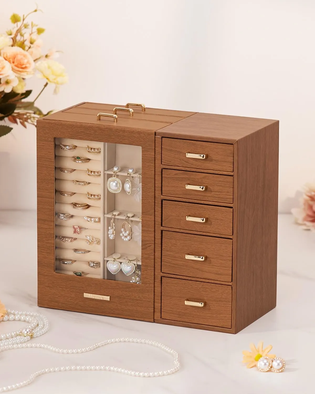 Homde Large Jewelry Box/Organizer/Case with Glass Window, Drawers for Necklaces Earrings Rings Bracelets Watches Gift for Women Girls
