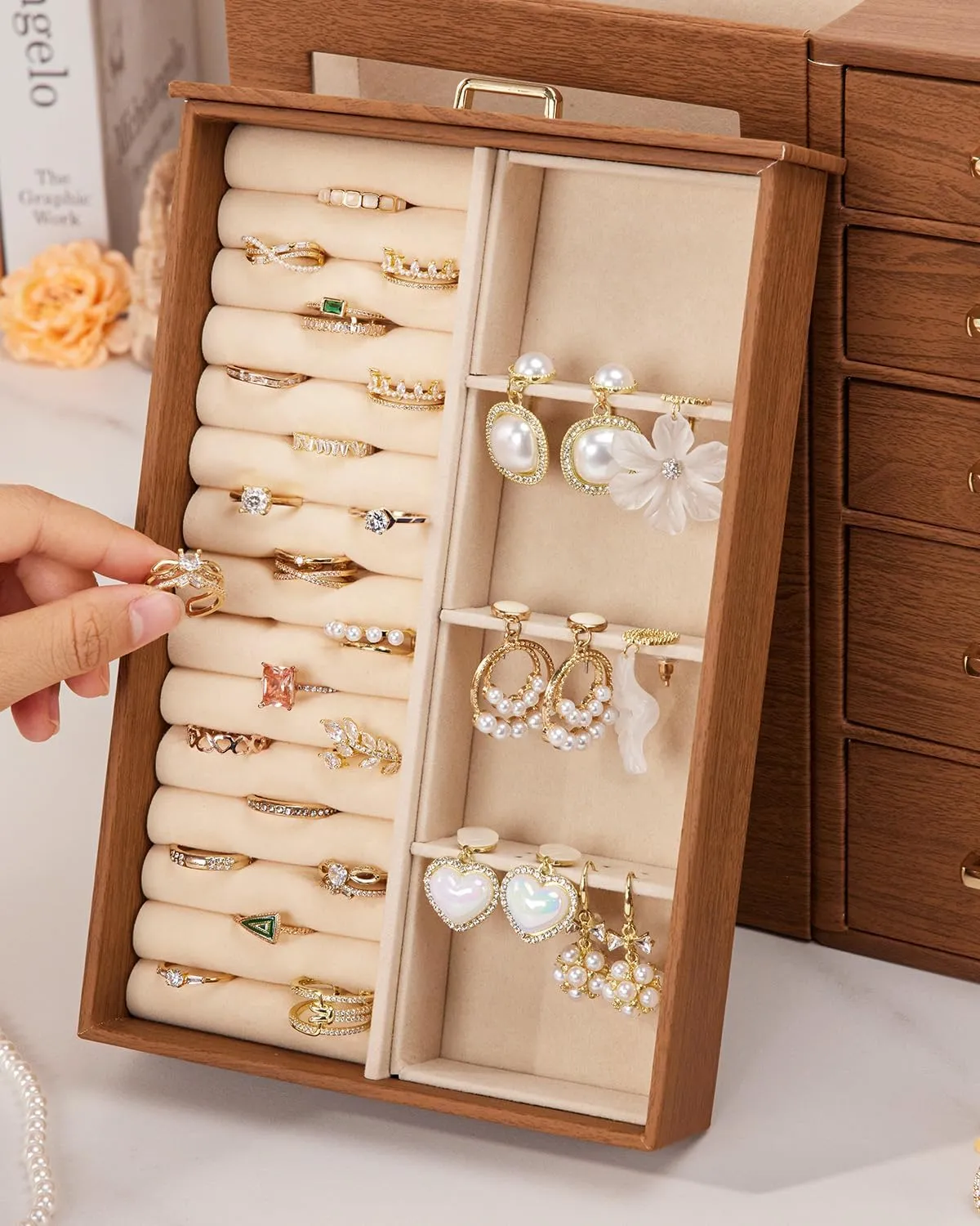 Homde Large Jewelry Box/Organizer/Case with Glass Window, Drawers for Necklaces Earrings Rings Bracelets Watches Gift for Women Girls