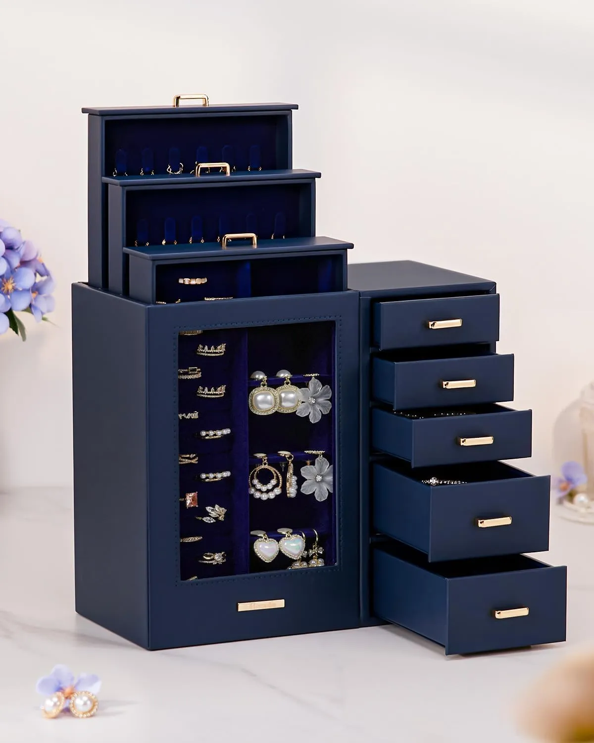 Homde Large Jewelry Box/Organizer/Case with Glass Window, Drawers for Necklaces Earrings Rings Bracelets Watches Gift for Women Girls