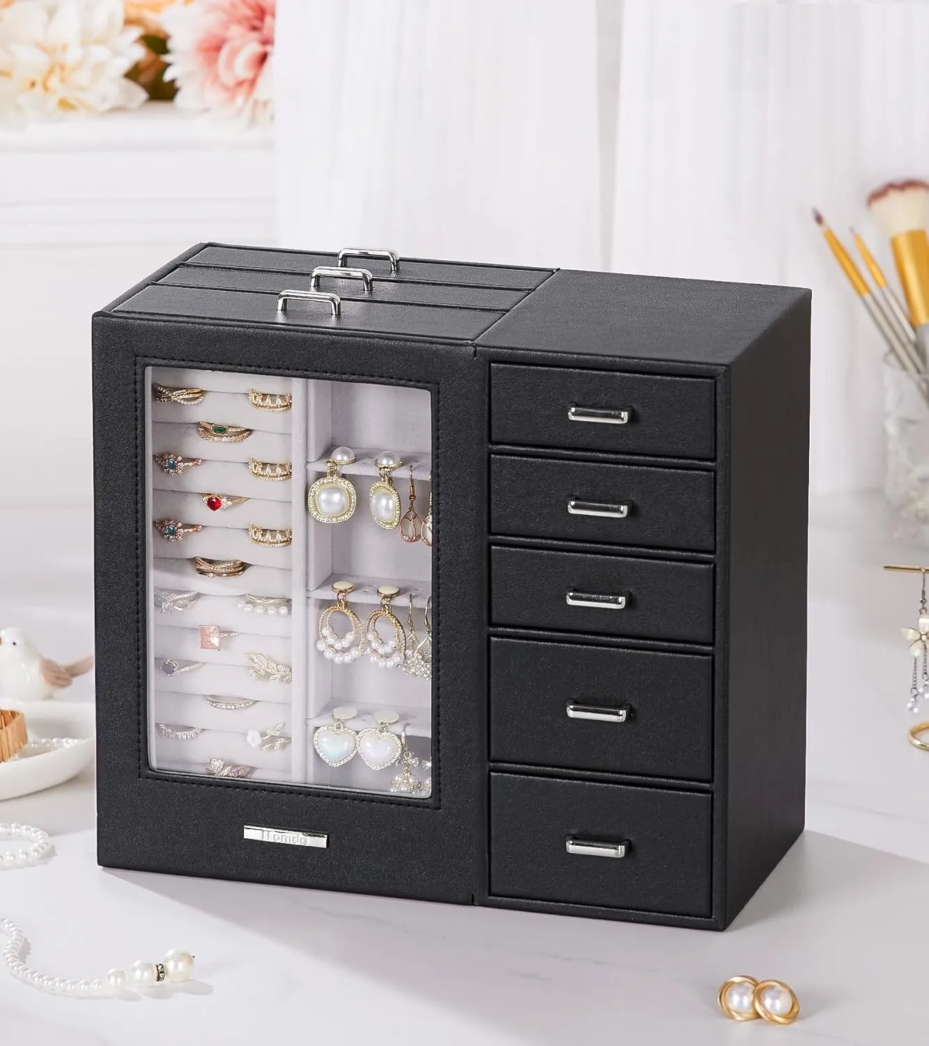 Homde Large Jewelry Box/Organizer/Case with Glass Window, Drawers for Necklaces Earrings Rings Bracelets Watches Gift for Women Girls