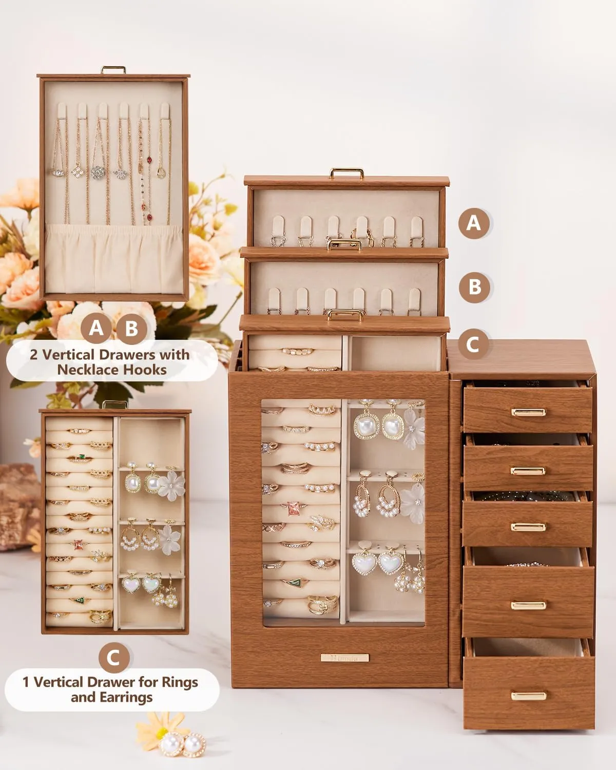 Homde Large Jewelry Box/Organizer/Case with Glass Window, Drawers for Necklaces Earrings Rings Bracelets Watches Gift for Women Girls